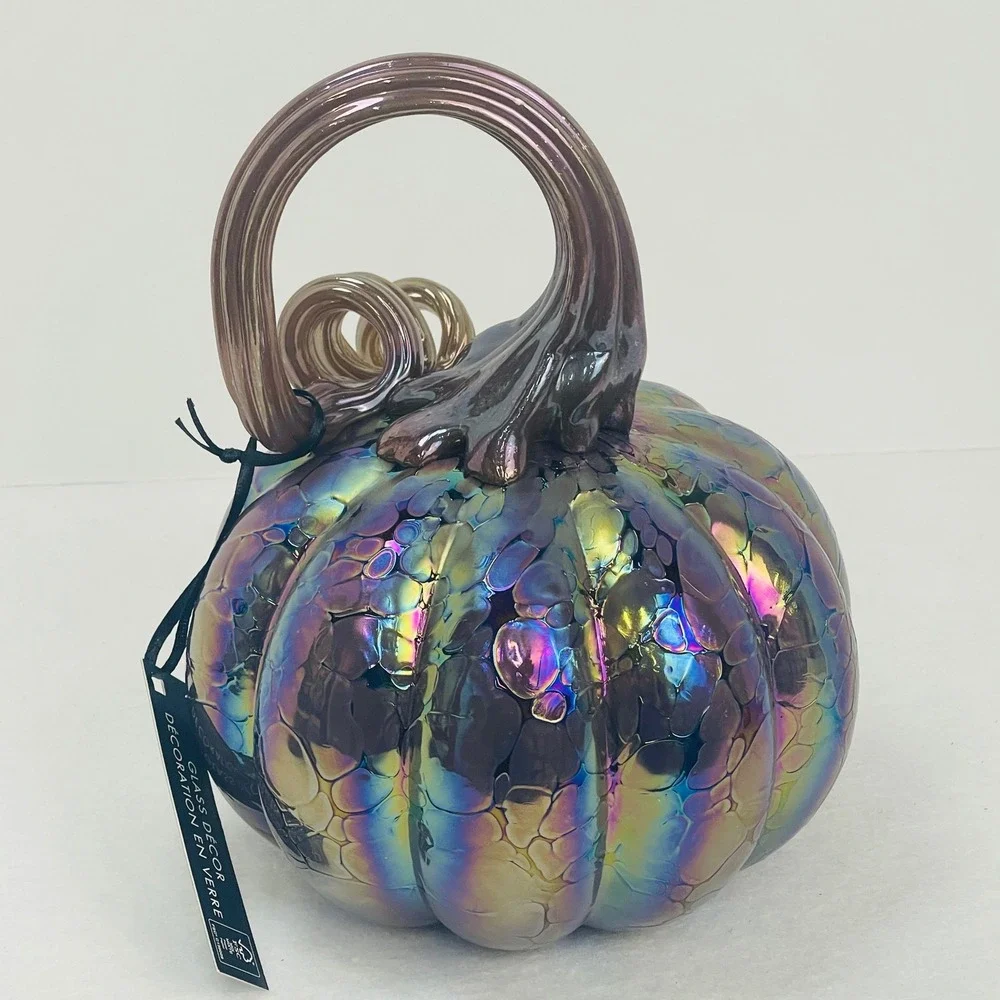 Tahari Home Iridescent Glass Pumpkin Oil Slick Rainbow Bubble Decor 7.5 Inch NEW